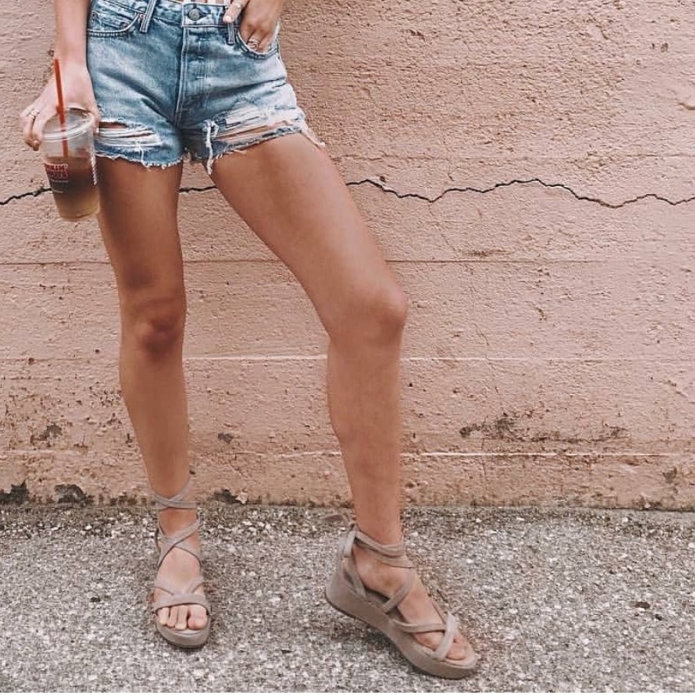 Cream Kid Suede Wrap Around Gladiator Platform - Picture 4 of 5